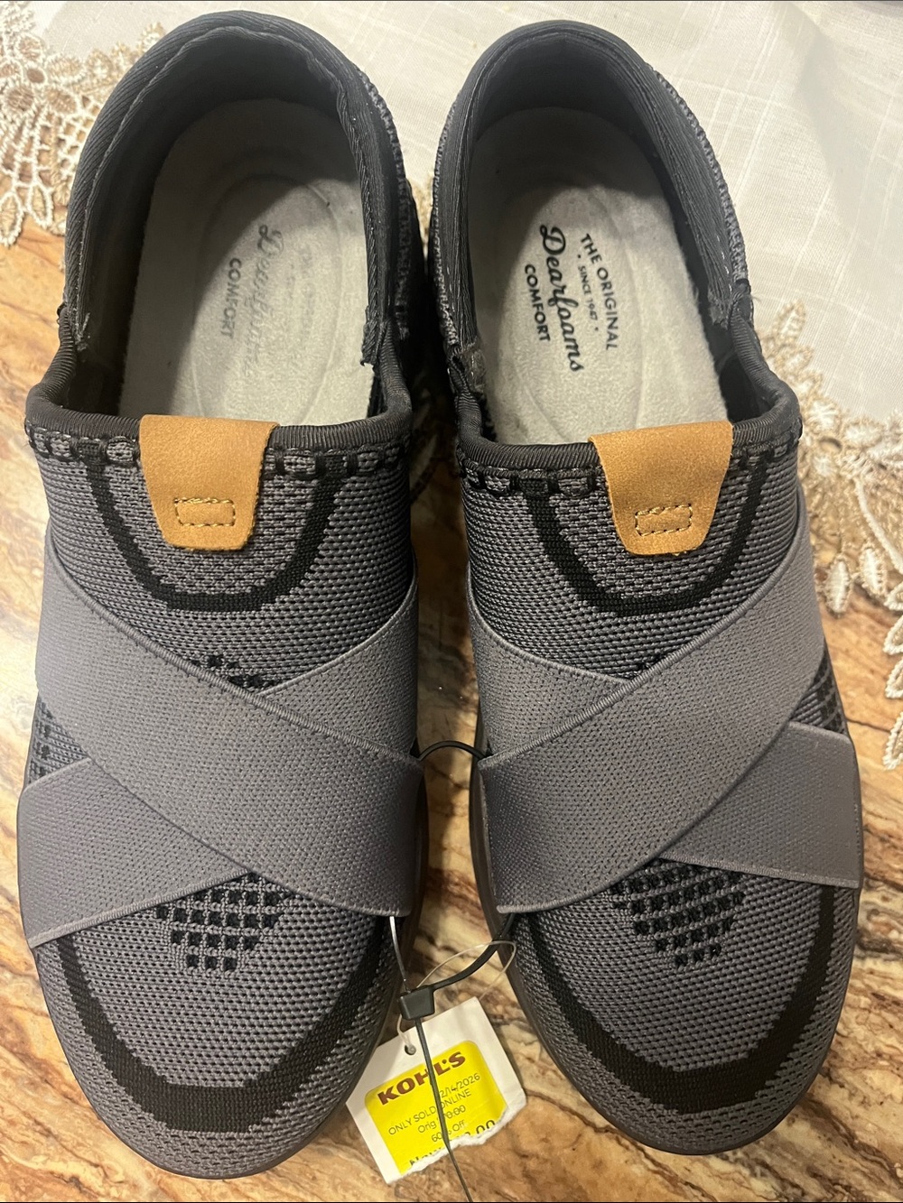 dearfoams women  Gray Slip-On Cross-Strap Loafers with Tan Pull Tab
